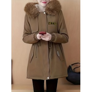 Fluffy Trim Hooded Warm Coat, Casual Zip Up Long Sleeve Winter Outerwear, Women's Clothing