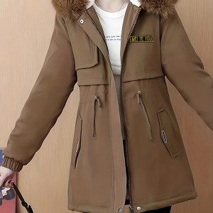 Fluffy Trim Hooded Warm Coat, Casual Zip Up Long Sleeve Winter Outerwear, Women's Clothing