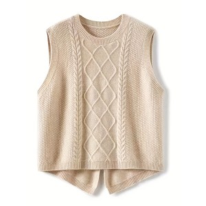 Solid Cable Knit Sweater Vest, Versatile Sleeveless Sweater For Fall & Winter, Women's Clothing