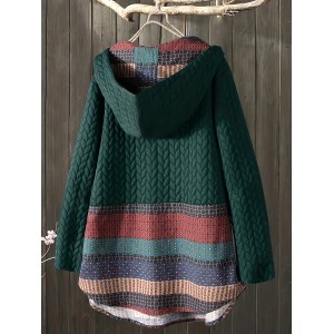 Tribal Print Long Sleeve Hooded Padded Jacket, Casual Button Front Loose Hem Fall & Winter Outerwear, Women's Clothing