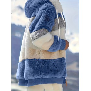 Fuzzy Color Block Coat, Casual Hooded Zip Up Drawstring Long Sleeve Outerwear, Women's Clothing
