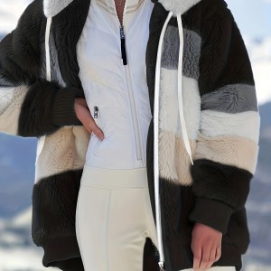Fuzzy Color Block Coat, Casual Hooded Zip Up Drawstring Long Sleeve Outerwear, Women's Clothing