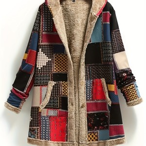 Retro Patchwork Hooded Jacket, Long Sleeve Button Up Casual Lightweight Outerwear For Fall & Winter, Women's Clothing
