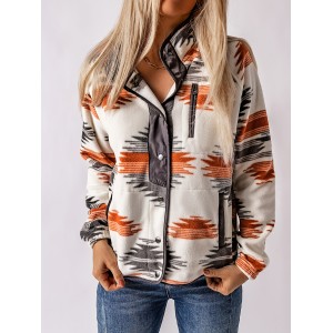 Aztec Print Button Front Jacket, Boho Long Sleeve Outerwear, Women's Clothing