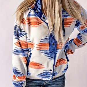 Aztec Print Button Front Jacket, Boho Long Sleeve Outerwear, Women's Clothing