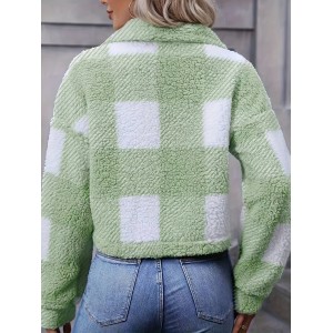 Plaid Teddy Coat, Casual Button Front Long Sleeve Winter Warm Outerwear, Women's Clothing