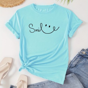 Letter Print Crew Neck T-Shirt, Casual Short Sleeve Top For Spring & Summer, Women's Clothing