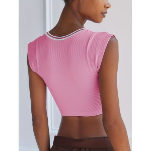 Solid Color Cropped Tank Top, Casual Low Cut Short Sleeve Tank Top For Spring & Summer, Women's Clothing