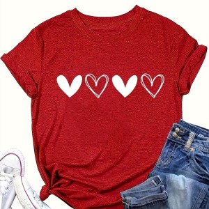 Heart Print Crew Neck T-Shirt, Cute Short Sleeve T-Shirt For Spring & Summer, Women's Clothing