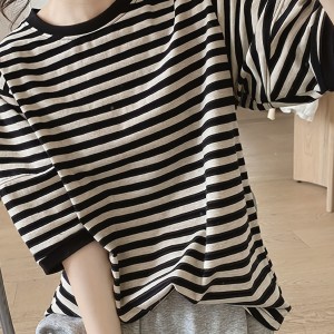 Crew Neck Striped T-Shirt, Random Print Casual Top For Summer & Spring, Women's Clothing