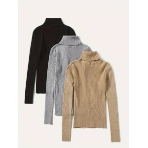 Solid Turtle Neck Sweater 3 Pack, Casual Long Sleeve Slim Pullover Sweater, Women's Clothing