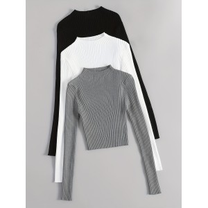 Solid Mock Neck Rib Knit Top 3 Pack, Casual Long Sleeve Slim Versatile Sweater, Women's Clothing