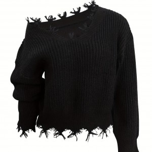 Solid Slant Shoulder Pullover Sweater, Distressed Ripped Raw Hem Long Sleeve Sweater, Women's Clothing