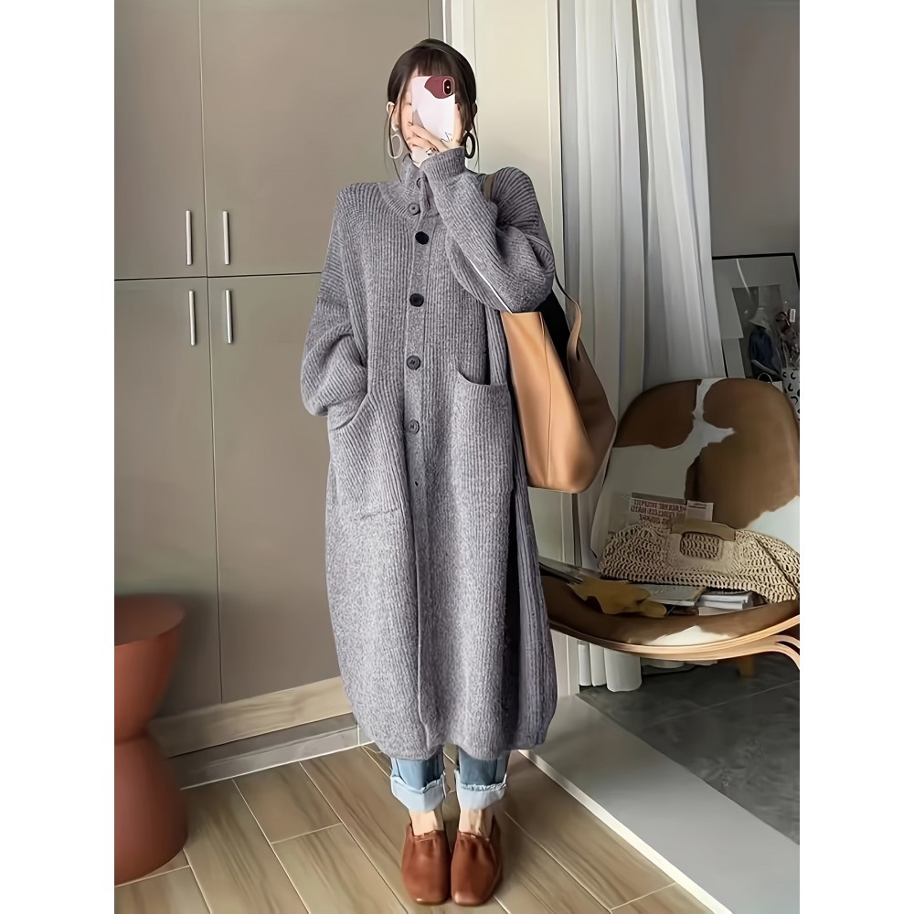Solid Button Front Turtle Neck Cardigan, Casual Long Sleeve Pocket Oversized Sweater Overcoat, Women's Clothing