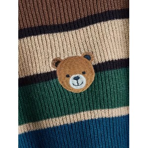 Bear Pattern Striped Pullover Sweater, Cute Turtle Neck Long Sleeve Crop Sweater, Women's Clothing