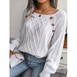 Solid Cable Knit Sweater, Casual Crew Neck Long Sleeve Sweater, Women's Clothing