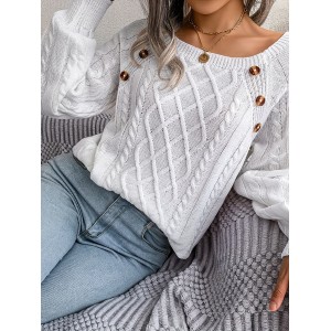 Solid Cable Knit Sweater, Casual Crew Neck Long Sleeve Sweater, Women's Clothing