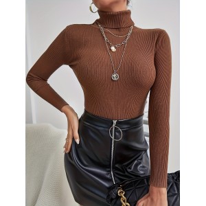 Solid Turtle Neck Rib Knit Sweater 3 Pack, Elegant Long Sleeve Slim Versatile Sweater, Women's Clothing