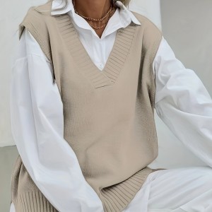 Solid V Neck Knitted Vest, Casual Sleeveless Dipped Hem Split Sweater, Women's Clothing