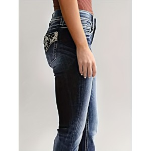 Washed Personality Pockets Boot-Cut Jeans, High Stretch Casual Denim Pants, Women's Denim Jeans & Clothing
