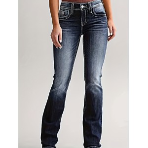 Washed Personality Pockets Boot-Cut Jeans, High Stretch Casual Denim Pants, Women's Denim Jeans & Clothing