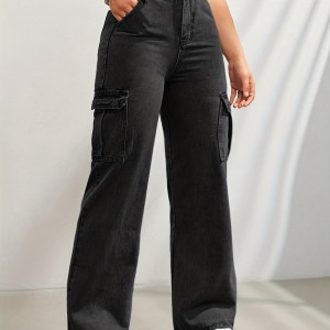 Side Flap Pocket High Waist Denim Cargo Pants, Light Washed Casual Slash Pocket Cargo Jeans, Kpop Y2K, Women's Denim Jeans & Clothing