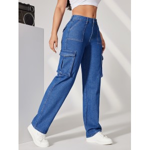 Blue Flap Pockets Cargo Pants, Loose Fit High Waist Y2K & Kpop Style Straight Jeans, Women's Denim Jeans & Clothing