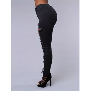 Ripped High Strech Distressed Jeans, Zipper Button Closure Solid Color Slim Fit Denim Pants, Women's Denim Jeans & Clothing