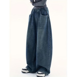 Elastic Waist Wide Leg Jeans, Slant Pocket Loose Streetwear Y2k Baggy Denim Pants, Women's Denim Jeans & Clothing