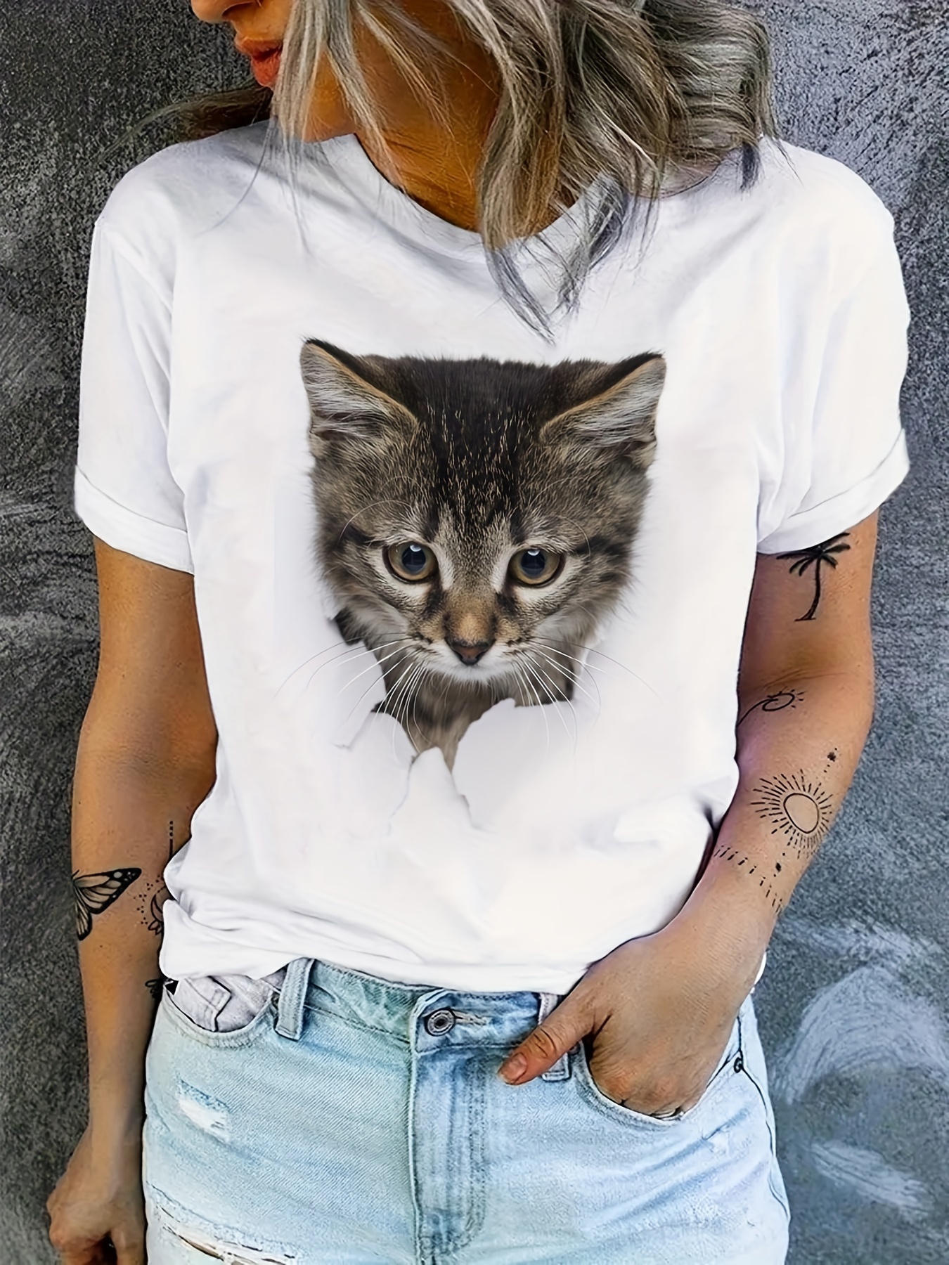cute cat print t shirt crew neck short sleeve t shirt casual every day tops womens clothing details 20