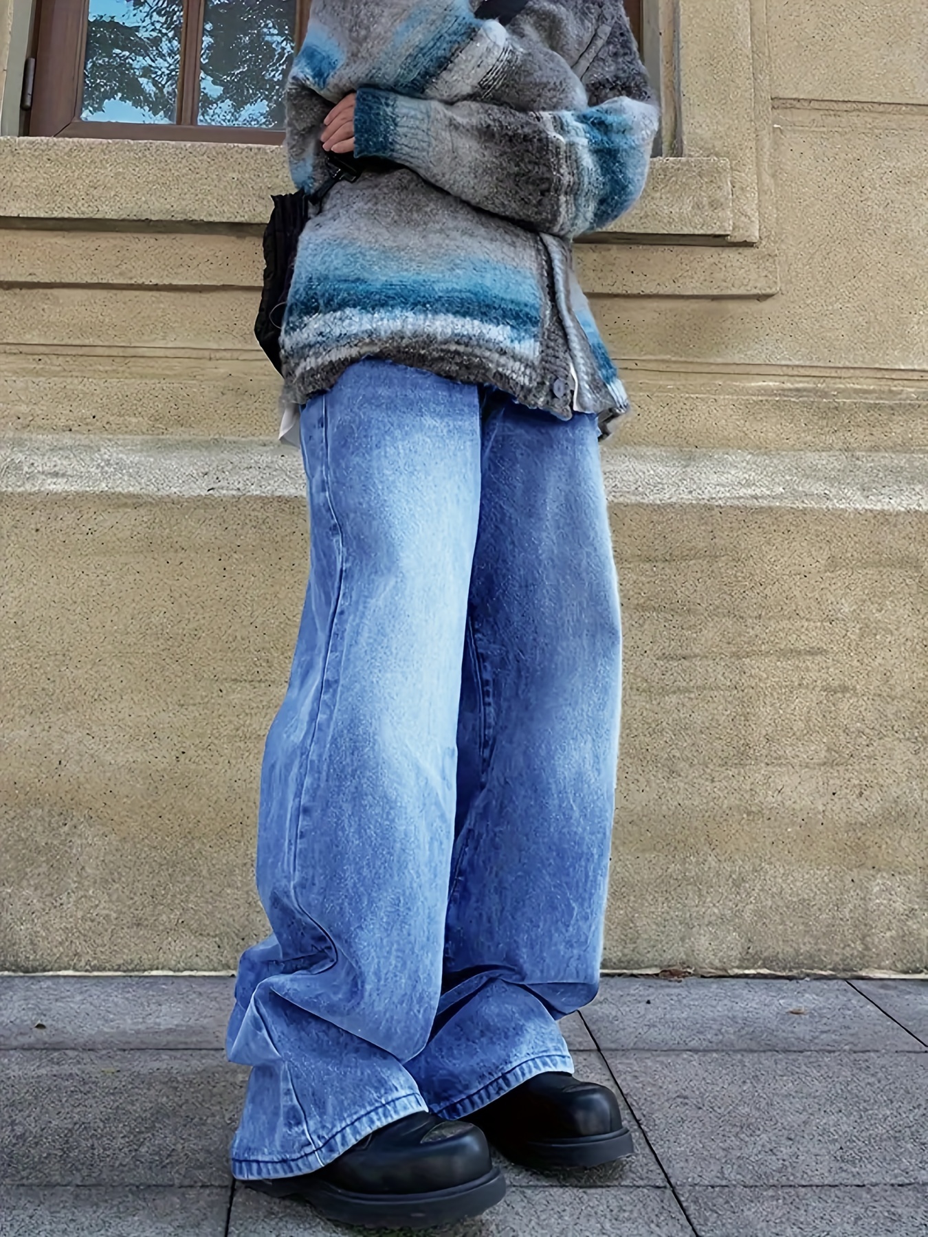 plain wide legs straight jeans loose fit slash pockets high stretch denim pants womens denim jeans clothing details 7